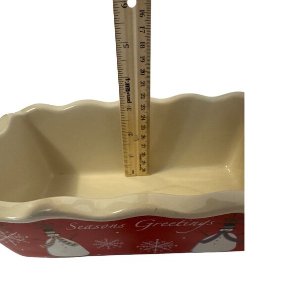 Ceramic Holiday Loaf Pan Snowman & Snowflake Design Seasons Greetings Red - Picture 6 of 7